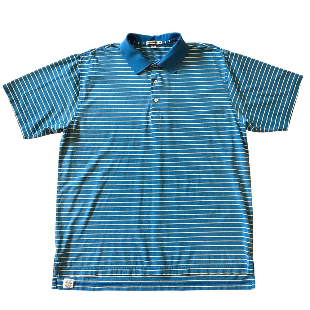 Peter Millar Golf Shirt Mens Large Blue Striped Polo Short Sleeve Cotton Preppy